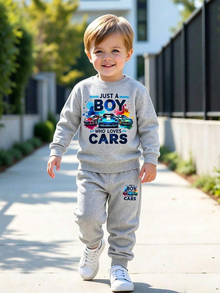 Conjunto de sudadera de cuello redondo y pantalones con estampado de letras para niño preadolescente - Gris - Ver 1