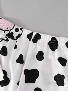 Faux Silk Fabric Cool Silky Cute Cow Print Short Sleeve Long Pants Set - White - View 7
