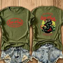 Women's Army Green Cotton Short Sleeve T-Shirt With Unique Front And Back Graphic Print, Casual Round Neck Regular Fit Top For Everyday Style - 綠色1 - 查看 1