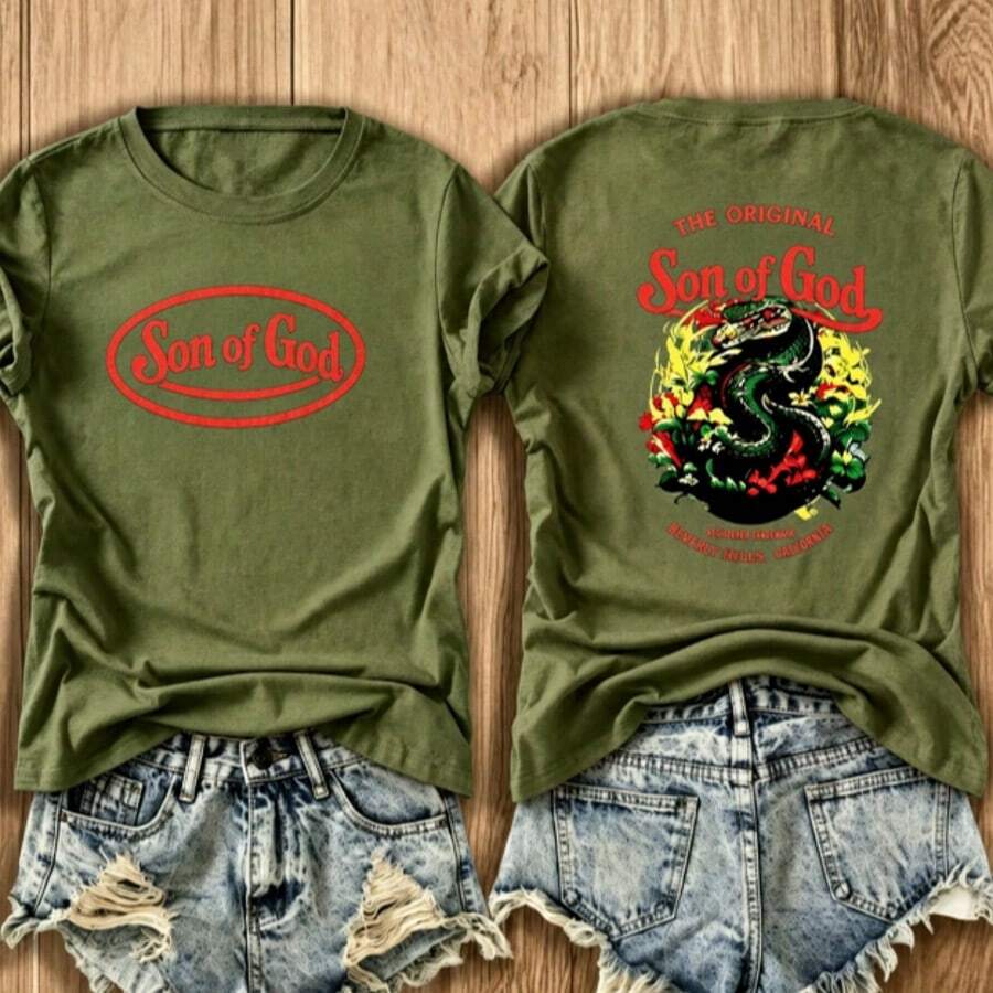 Women's Army Green Cotton Short Sleeve T-Shirt With Unique Front And Back Graphic Print, Casual Round Neck Regular Fit Top For Everyday Style - 綠色1 - 查看 1