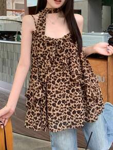 Women's Leopard Print Ruffle Strap Tank Top, Flared Hem, Woven Fabric, Regular Length, Fashionable Summer Style Casual Vacation - Rust Brown - View 5