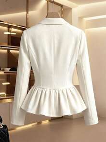 Women's Autumn/Winter Office Daily High-Quality Solid Color Collar Design Waist-Cinching Ruffle Hem Long Sleeve Blazer - White - View 2
