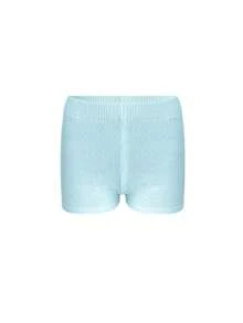 女款休閒海灘度假套裝－純色露肩針織上衣搭配直筒短褲，適合春夏穿著 - 藍色 - 查看 10