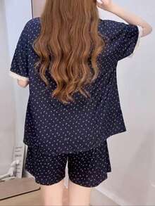 2pcs/Set Women's Pajamas Homewear, Lapel Short Sleeve Floral Print With Pockets, Shorts Comfortable, Suitable For Home Leisure - Blue - View 3