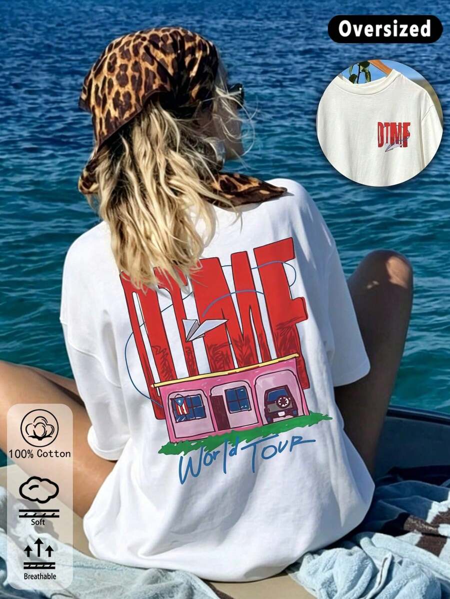 Loose-Fitting Women's T-Shirt Made From 100% Cotton With The Unique "DtMF" Puerto Rican Rabbit Print, Suitable For The Gym, Elegant, Casual, Holidays, Sports. - White - View 1