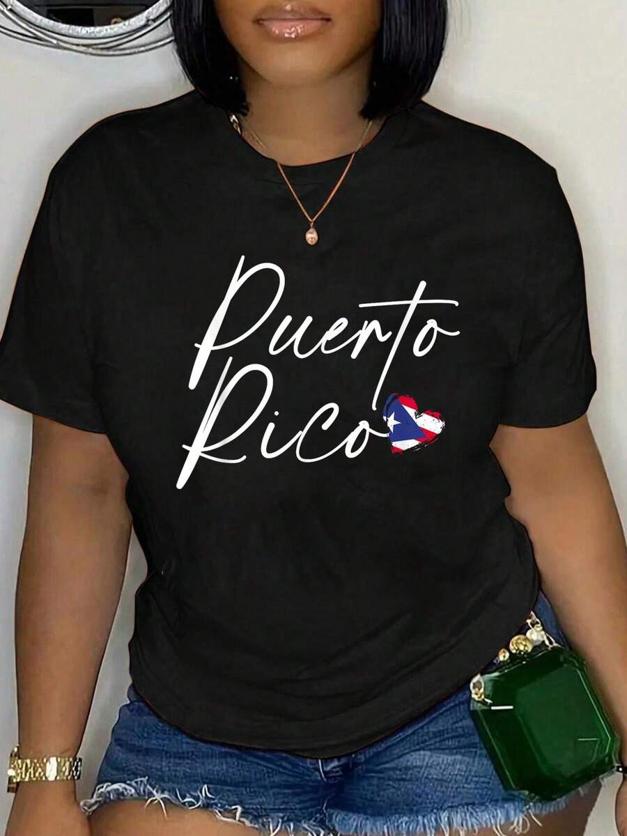 100% Cotton Puerto Rico Flag Heart Love Vacation Trip T-Shirt Women's Men's Oversized Comfort Soft Crew Neck Tee Tops - 黑色3 - 查看 1