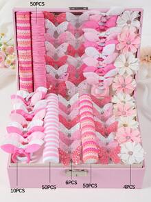 170pcs Girls Colorful Pink Set Sequin Butterfly/Fabric Artificial Flower Hair Clips Simple Basic Rabbit Ear Hair Ties Cute Princess Hair Bands High Elasticity Durable Non-Damaging Hair Ropes Hair Ties Suitable For Daily Use - Pink - View 8