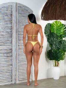 String Bikini With Tie-Side Bottom, Double-String Polyamide Fabric. - Yellow - View 4