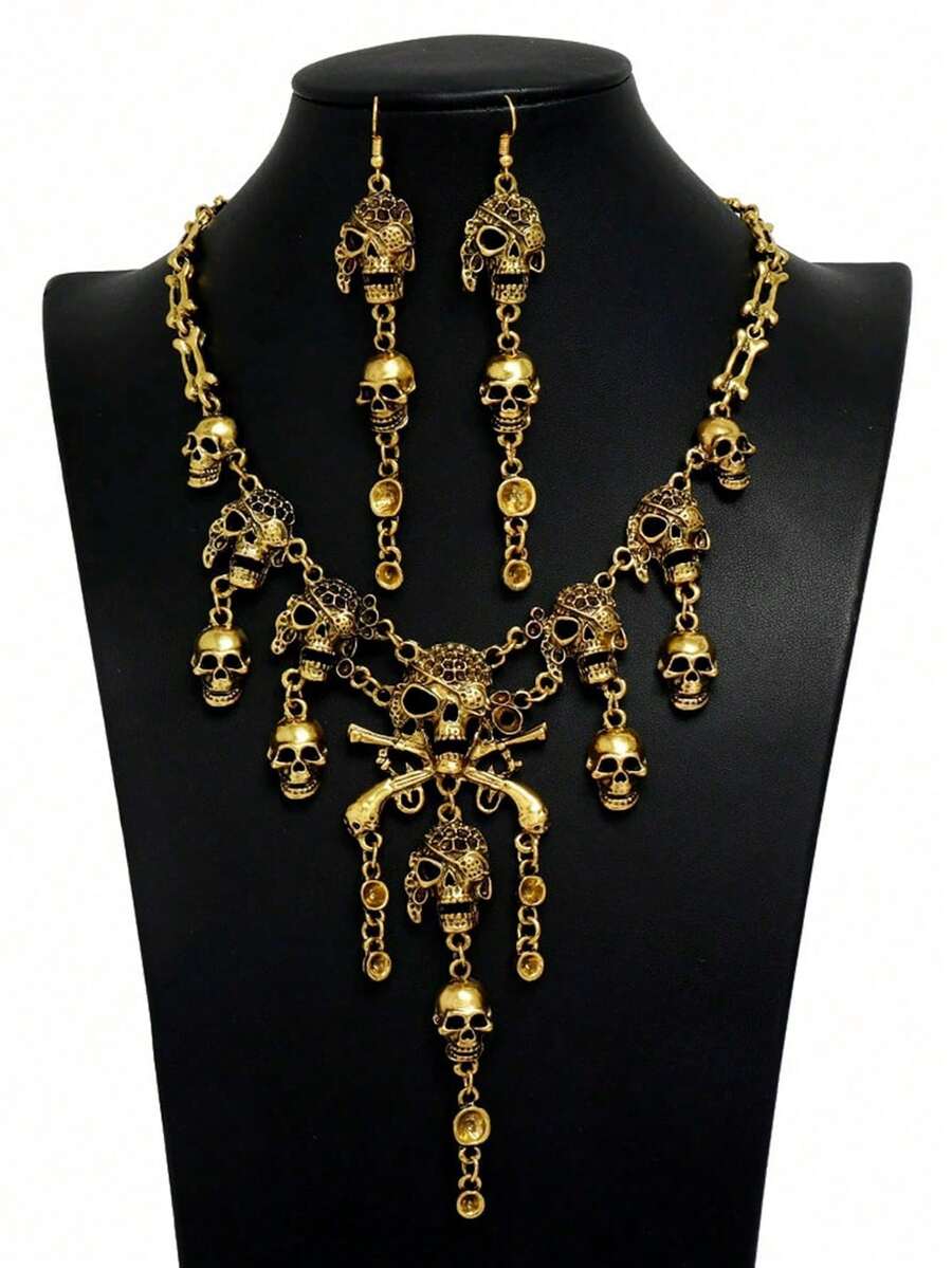 Punk Vintage Skull Earrings & Necklace Set, Exaggerated Halloween Party Jewelry For Women, 1 Necklace And 2 Earrings - Old Gold - View 1