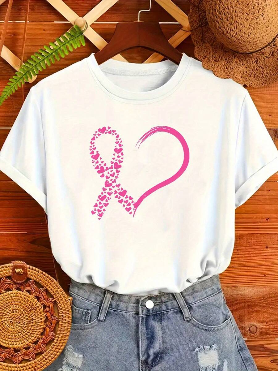 Women's T-Shirt - Casual Pink Blouse With Hearts And Bow, Machine Washable, Soft And Stretchy Fabric, Ideal For Charity Events And Everyday Wear - 白色 - 查看 1