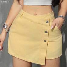 yonghongmaoyi1  ICON Falda-pantalón casual de mezclilla con bolsillo y bajo asimétrico de mujer - Amarillo - Ver 1