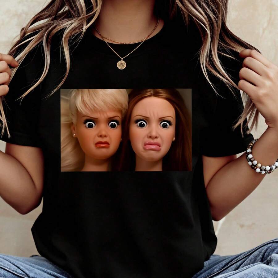 Modern, Fun, And Neutral T-Shirt With Black Doll Face Print, Casual Wear, Gift, Versatile Fashion For Holidays And Everyday Use, Gifts For Couples And Friends, 100% Cotton, 1 Piece - 黑色 - 查看 1