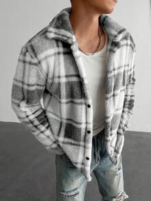 WAIT HIM Men's Casual Plaid Striped Flannel Warm Shacket - Black and White - View 6