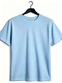 Women's Comfortable T-Shirt With Round Neck, Short Sleeve, Cotton Blend, Soft And Breathable, Casual Clothing For Spring And Summer, Urban Style - Baby Blue - View 2