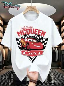 Disney Cars Lightning McQueen 95 Racing Flag Print T-Shirt, Unisex Casual Loose Cotton Crew Neck Tee, White - 白色 - 查看 2