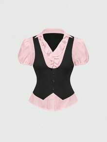 ROMWE Women's Goth Top, Vintage Gothic Style, 2-In-1 College Style, Back To School Summer - Pale Pink - View 1