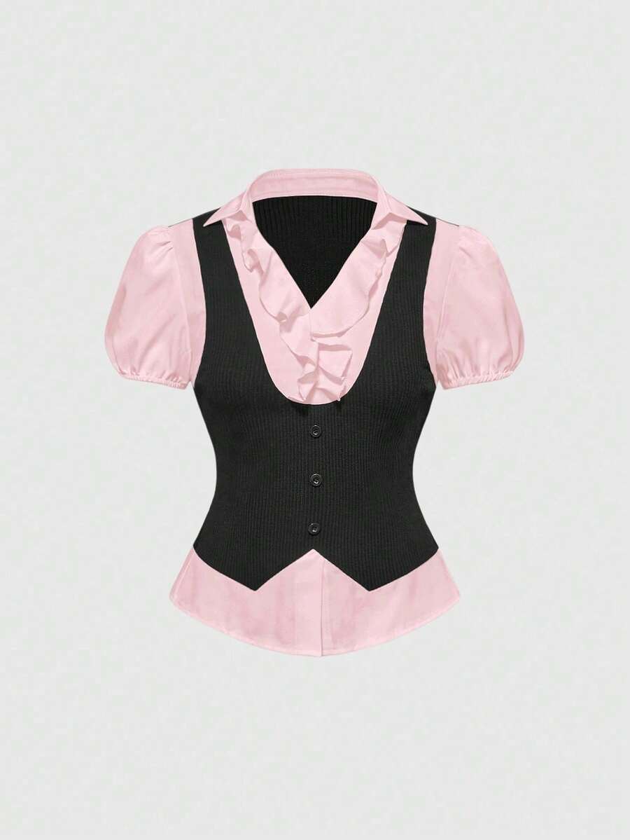ROMWE Women's Goth Top, Vintage Gothic Style, 2-In-1 College Style, Back To School Summer - Pale Pink - View 1