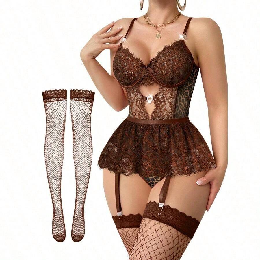 Lilosy Sexy Stocking Rhinestones Heart Garter Underwire Floral Mesh Lace Sheer Babydoll Lingerie Teddy Bodysuit Skirt Set - 棕豹 - 查看 1