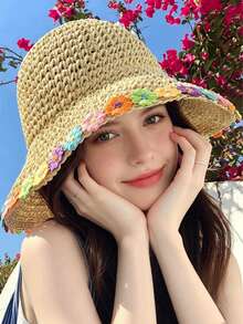 1件女款草帽，夏季時尚戶外旅行配件，碎花設計沙灘遮陽帽，可折疊捲邊，透氣水桶帽，防風防曬，適合日常使用，送禮佳品 - 彩色 - 查看 2