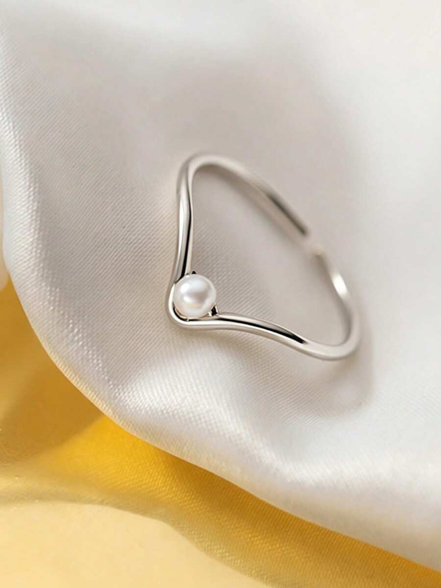 1 pieza Anillo de perla en forma de V, anillo minimalista premium para el dedo índice - Plateado - Ver 1