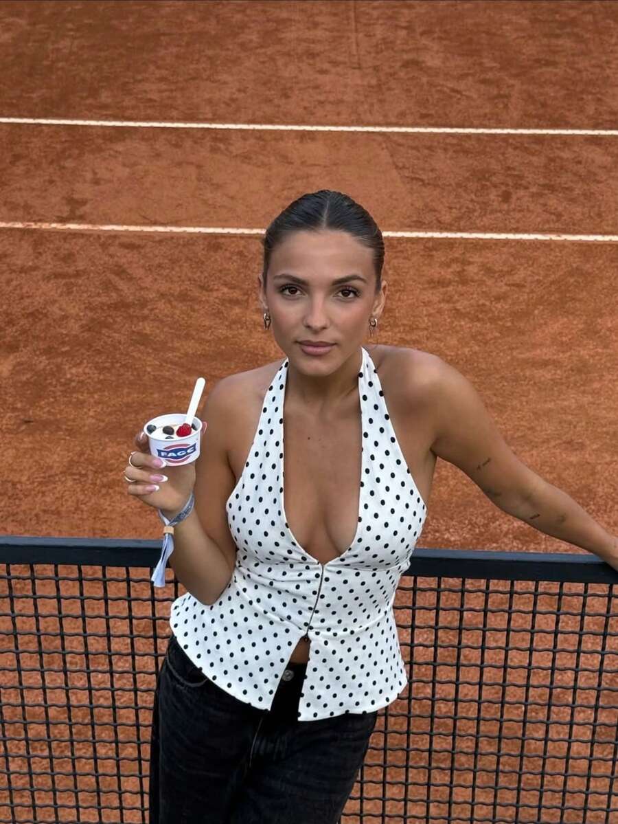 Elastic Polka Dot Halter Neck Top White Summer - White - View 1