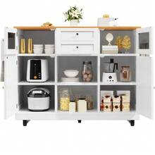 Kitchen Island, Serving Cart With Worktop, Sideboard, Wood-Finish Serving Cart, Side Towel Rack, Three-Dimensional Cupboard Doors On Casters, Adjustable Partitions, White - 白色 - 查看 7
