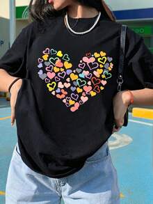 彩虹愛心拼接圖案 T-shirt，Y2K 風格印花 T-shirt，俏皮風格多色休閒短袖，活力愛意氛圍上衣，黑色夏季款 - 黑色 - 查看 7