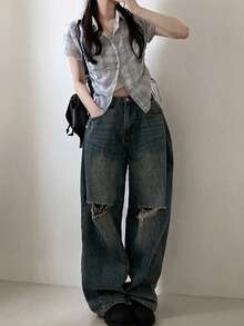 Kemeja Lengan Pendek Kotak-kotak Semi-Transparan Model Slimming Gaya Jalanan Korea Musim Panas dengan Tali Serut - biru muda - View 4