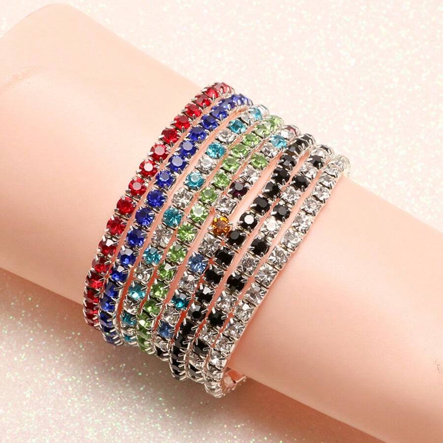 1pc New European And American Style Jewelry, Full Rhinestone Multi-Color Single Row Elastic Women's Bracelet, Single Row Full Rhinestone Elastic Cord, Beautiful For Layering - Multiple Styles - View 1