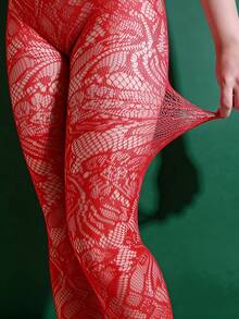 1pc Vertical Striped Elastic Fishnet Tights, Sexy Watermelon Stripe Fishnet Stockings, Versatile Gothic Style Fashion Fishnet Pantyhose - Red - View 3