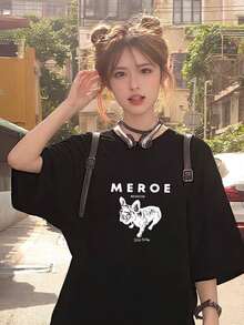 Women's Casual Black Bulldog Print Short-Sleeve T-Shirt, Round Neck, Drop Shoulder Top, Relaxed Fit, Knit Fabric, Streetwear Style - Black - View 6