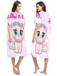 1pc Rainbow Unicorn & Blue Polka Dot Kitten Print Polyester Hooded Poncho, Oversized Beach Towel - Vibrant Unicorn Design, Beach Wrap, Soft & Durable Polyester Robe, Suitable For Swimming, Travel And Beach Vacation, Unisex Bathrobe, Beach Towel, Women Robe, Travel Decor, Casual Decor - Multicolor - View 9