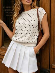 Apperloth A Elegant Ribbed Knit Sweater Polka Dot Round Neck Cap Sleeve Crop Tops Basic Pullover For Women Fall Daily Casual Going Out Thanksgiving Outfits - White Polka Dots - View 5