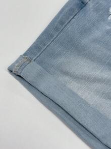 女款百搭休閒捲邊牛仔短褲，夏季 - 淺色水洗藍 - 查看 8
