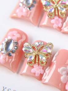 10pcs Glossy Duck-Shaped Press-On Nails, Nude Pink Acrylic Fake Nails, 3D Butterfly, Flower & Sparkling Rhinestone Decor, Sweet Girly Style, Flattering & Eye-Catching, Suitable For Daily Wear & Party, Hot-Selling Butterfly Nail Stickers Handmade Press On Nails - Pink - View 4