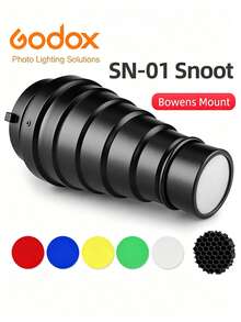 Godox SN-01 Snoot Grande con Montura Bowens, Accesorio de Flash Fotográfico, con Rejilla de Panal de Abeja y Filtros de Color, Adecuado para Estudio y Sesiones de Fotos - Ver 1