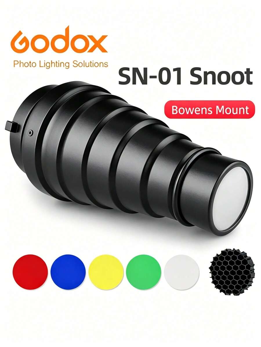 Godox SN-01 Snoot Grande con Montura Bowens, Accesorio de Flash Fotográfico, con Rejilla de Panal de Abeja y Filtros de Color, Adecuado para Estudio y Sesiones de Fotos - Ver 1