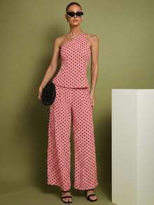 Set de 2 piezas de Top con hombros y pantalones a lunares para mujer, uso casual minimalista de todos los días - Rosa - Ver 1