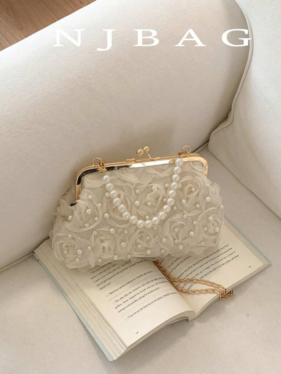 3D Floral Pearl Pattern Fashion Clasp Women's Handbag, Elegant Handbag For Party And Shopping, Random Pattern Placement