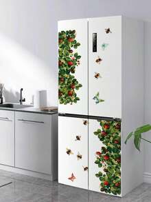 1 Stück abnehmbarer Vinyl-Kühlschrank-Dekorationsaufkleber, Aquarell-Erdbeerranke mit roten Beeren, weißen Blumen, Bienen und bunten Schmetterlingen, frischer Landhausstil, geeignet für 4-Türer-Kühlschränke, Küchenschränke, Mikrowellen, Fliesenwände und Apartment-Küchendekoration - Dekorative Vinyl-Kühlschrankaufkleber - Übersicht 3