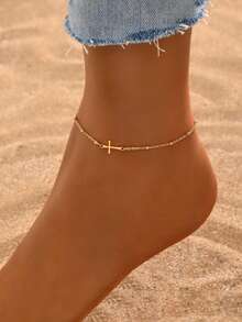 1pc European And American Fashion Gold-Plated Cross Chain Anklet, Simple Elegant Foot Jewelry, Versatile Summer Gift For Beach - Gold Cross Anklet - View 4
