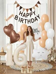16th Birthday Cream Balloons Decor Birthday Decorations For Women Girl Beige Brown White Sand Foil Star Heart Balloon Decor, Birthday Sash Bobo Balloons For Birthday Anniversary Party Decoration Supplies Room Decor - 16歲生日 - 查看 1