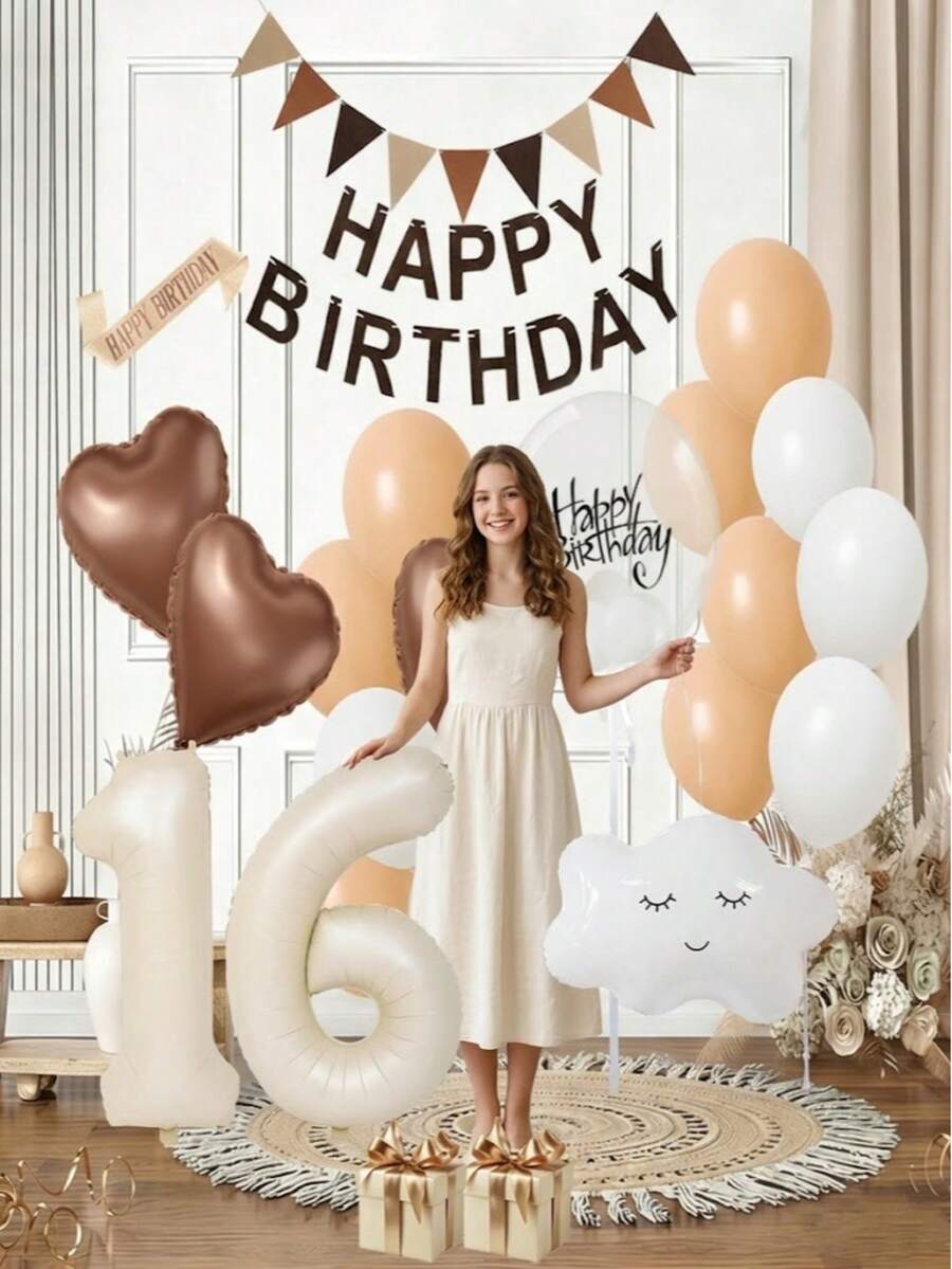 16th Birthday Cream Balloons Decor Birthday Decorations For Women Girl Beige Brown White Sand Foil Star Heart Balloon Decor, Birthday Sash Bobo Balloons For Birthday Anniversary Party Decoration Supplies Room Decor - 16歲生日 - 查看 1