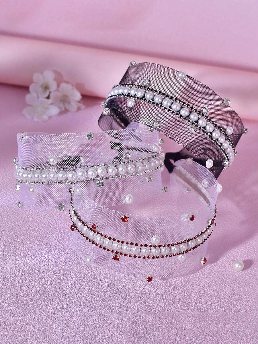 1pc Fashionable Pearl Rhinestone Headband, Simple Mesh Hollow Wide Band, Suitable For Bride, Wedding, Celebration, Banquet, Holiday Party, Daily Casual, Campus, Women's Hair Accessory Hairband
