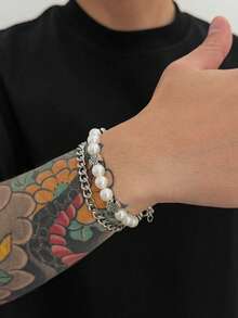 2pcs Hip Hop Punk Minimalist Cross Faux Pearl Bracelet, Geometric Metal Chain Bracelet Set, Suitable For Daily And Party Wear, Gift For Men, Classmates And Friends - 2pcs - View 4