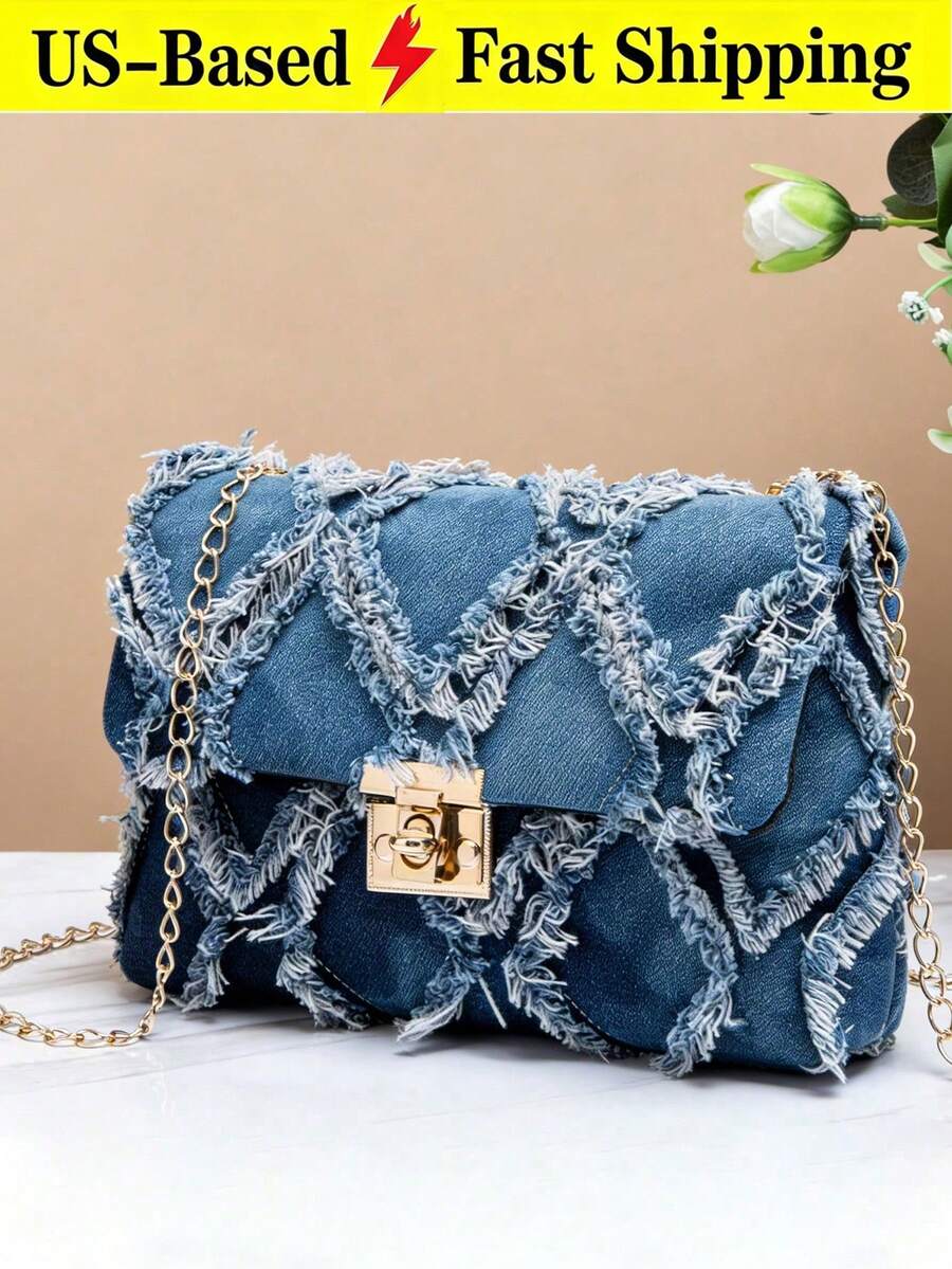 Women's Diamond Quilted Jean Flap Crossbody Bag,Jean Plaid Print Patchwork Strap Fashion Versatile Shoulder Bag,Solid Color Diamond-Shape Small Fragrant Wind Hair Edge Metal Closing Design Shoulder Square Bag, Classic Check Pattern Shoulder Purse,Women's Bags New Style, Crossbody Bag,Suitable For Office, University, Work, Business, Commuting, Outdoor Activities, Travel And Outings[US Local Warehouse]The Best Gift Choice, Birthday Gift,Back To School - Màu xanh đậm - Xem 1