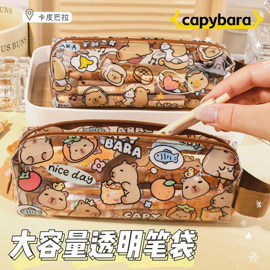 [Capybara Pencil Case Set]1pc Cute Capybara Pencil Case Set, With Stickers & Accessories - Spacious Large Capacity Compartments, Zipper Closure - Ideal For School Supplies & Back To School,Back To School - Capybara Pencil Case - View 1