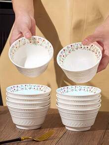 2/4 piezas Tazones de cerámica con relieve floral, de 4.5 pulgadas, tazones de sopa y ensalada con estampado floral de estilo Ins, tazones de pasta de alta calidad, tazones de arroz para restaurantes, juego de vajilla para reuniones familiares, fiestas de cumpleaños, aptos para lavavajillas y microondas - Multicolor - Ver 5
