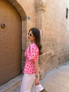 Solid Color Bubble Short Sleeve Polka Dot Top, Spring/Summer Pink, Soft Girl Style - Pink - View 4