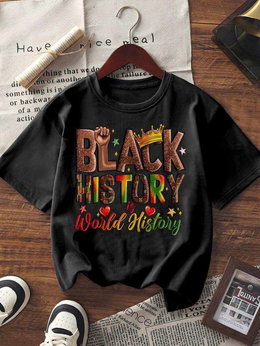 Unisex Oversized Short Sleeve Graphic Tee Black History Is World History Slogan Print Casual T-Shirt - Black - View 1